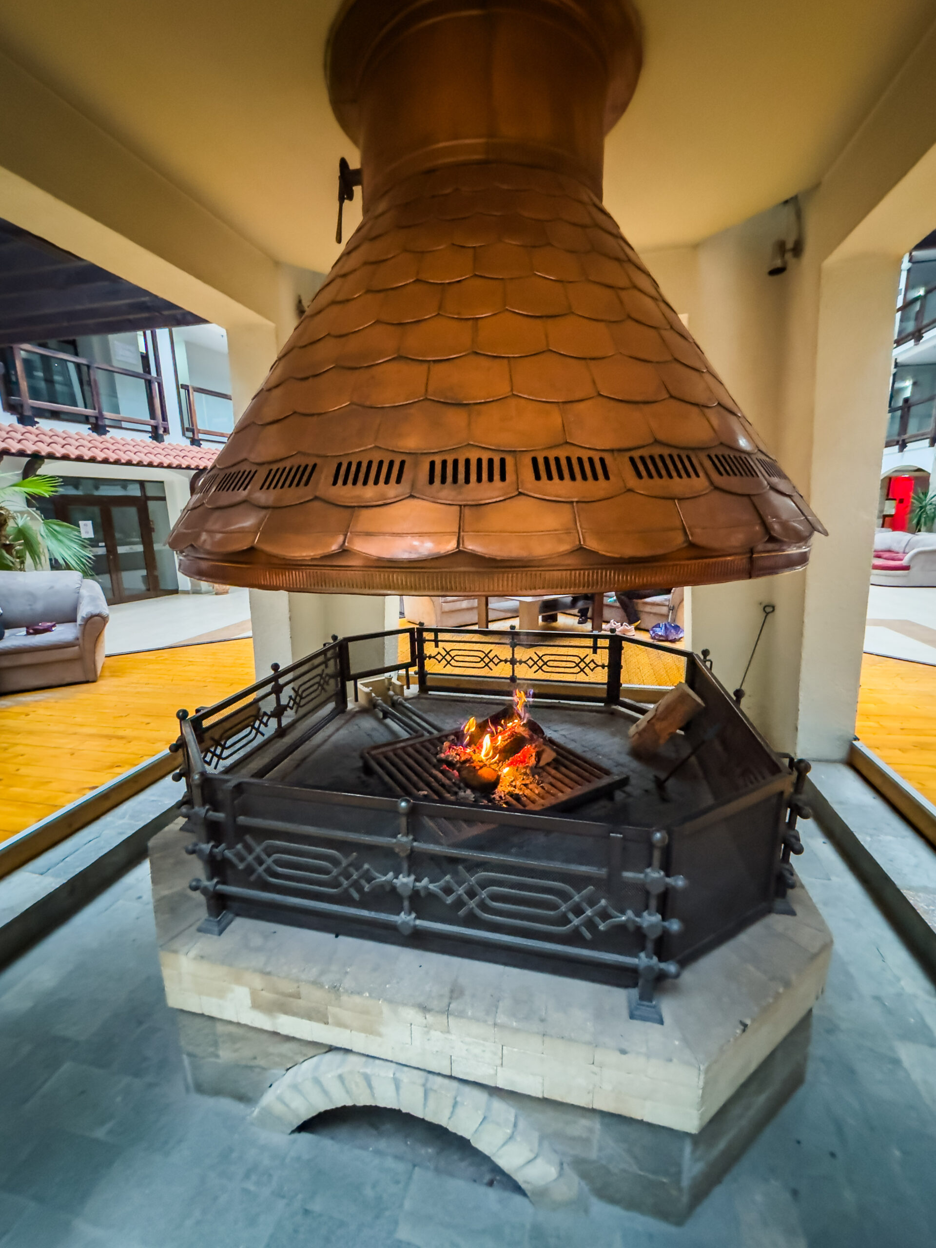 Community lobby with copper fireplace
